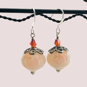 Peach Crazy Lace Agate Drop Earrings with Orange Crystal on Silver Wires
